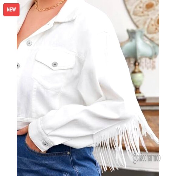 Denim Cropped Jacket with Tassel Fringe and Button Down Design - Picture 5 of 7